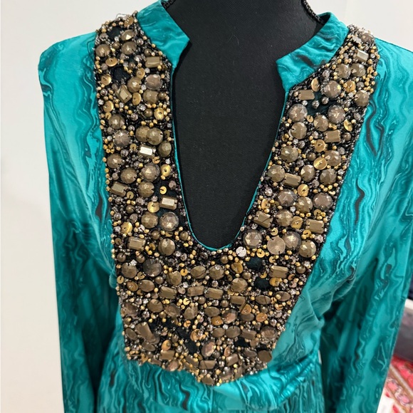 Silk Teal Long Sleeve Dress with Embellishments - Picture 6 of 14